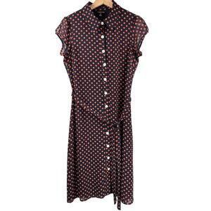 Voir Voir Polka Dot Midi Shirt Dress Women's 6 Belted Navy Coral Cap Sleeve